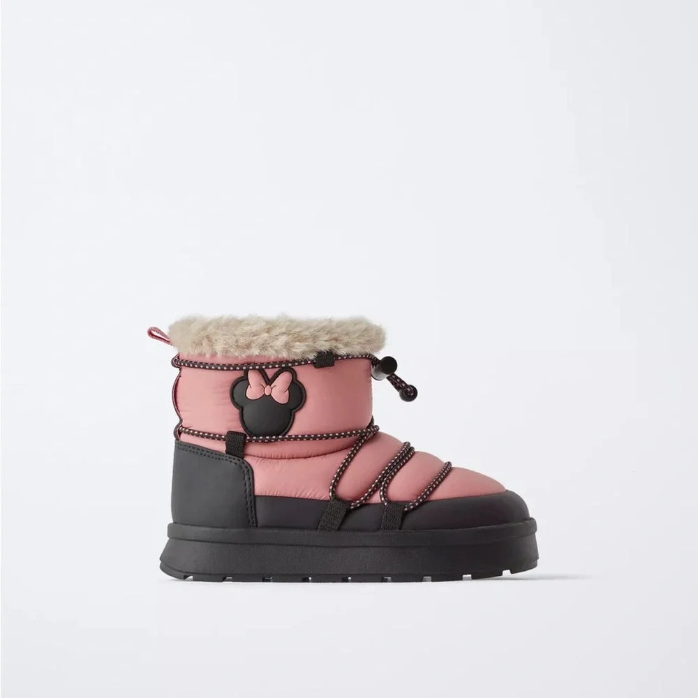 ZARA GIRLS Mickey Mouse  Disney quilted snow boots black pink warm size 10.5
